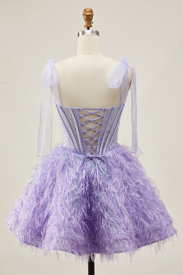 Lilac A-Line Beaded Corset Homecoming Dress with Feathers